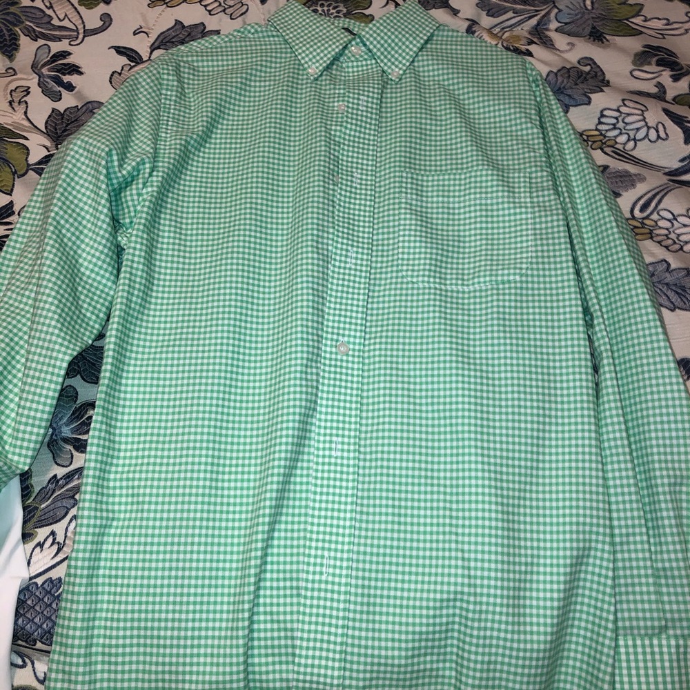 Green and white check button down